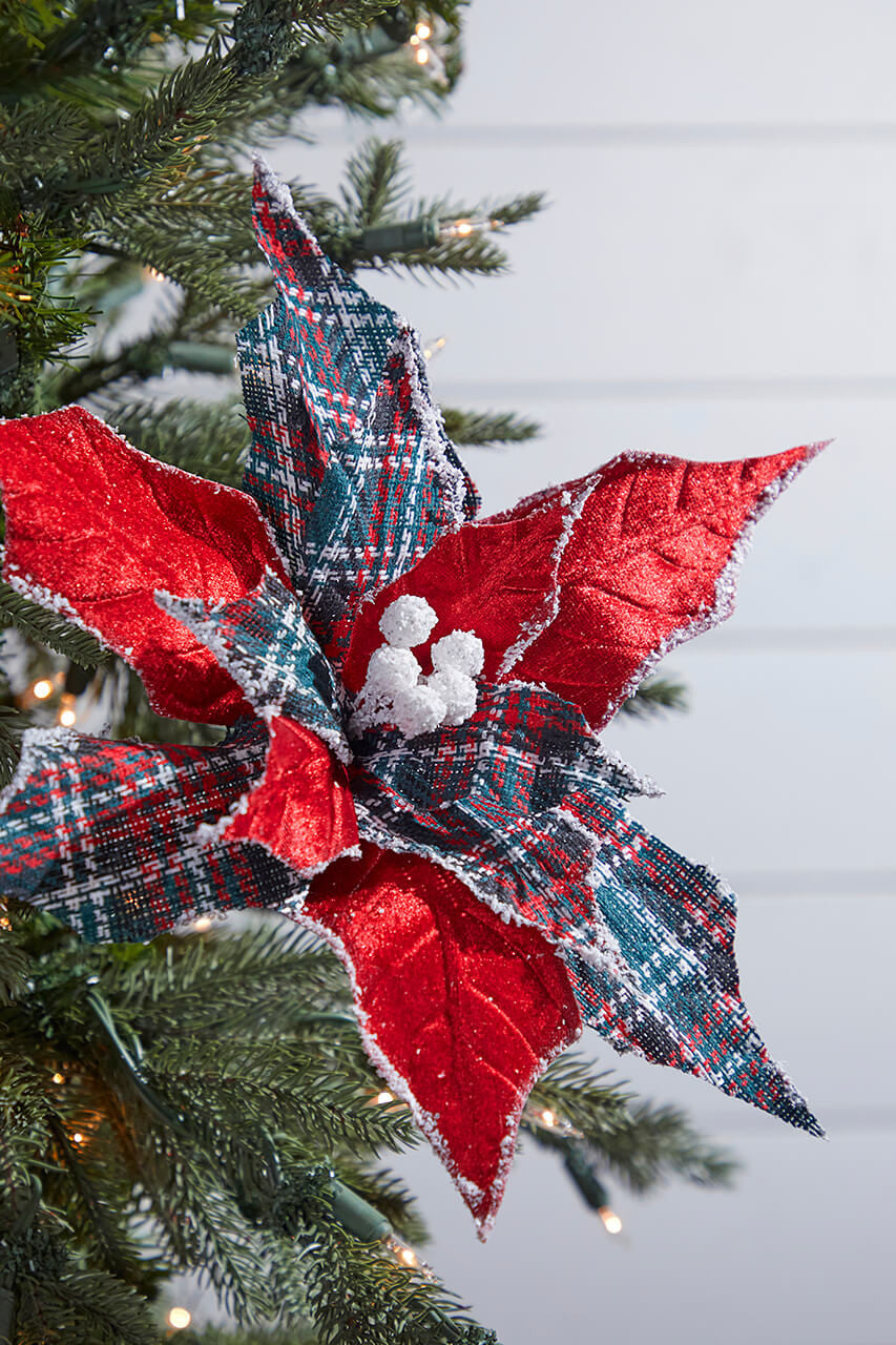 19" Red Plaid Poinsettia Pick