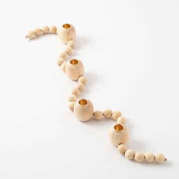 Natural Wood Beaded Taper Candle Holder Centerpiece Tabletop Décor