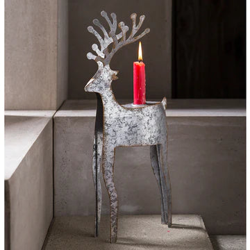 Antiqued Metal Reindeer Christmas Taper Candle Holder Tabletop Holiday Mantle Décor Set of 2