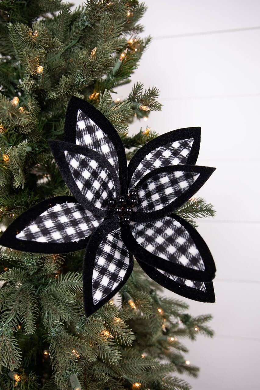 21” Black and White Plaid Poinsettia Stem with Black Berries