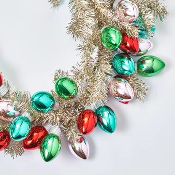Razzle Dazzle Christmas - Gold & Silver Tinsel Garland with Vintage Bulbs In Pink, Turquoise, Green & Red