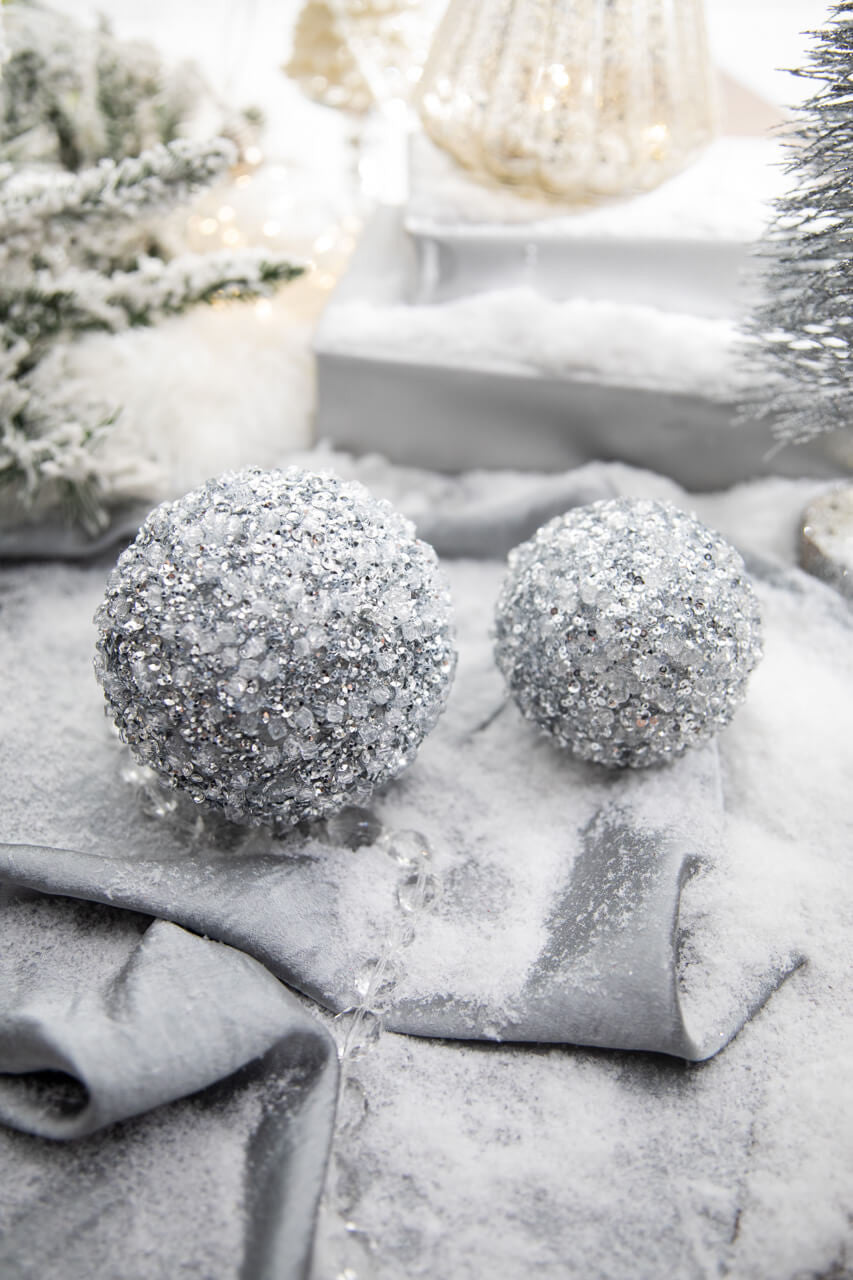 4” Silver Ice & Sequin Ball Ornament