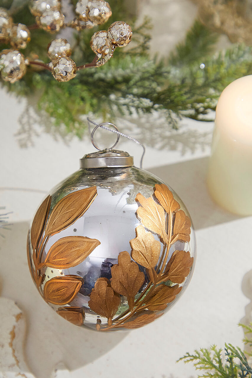 4" Round Antique Mercury Glass and Botanical Gold Etched Ornament
