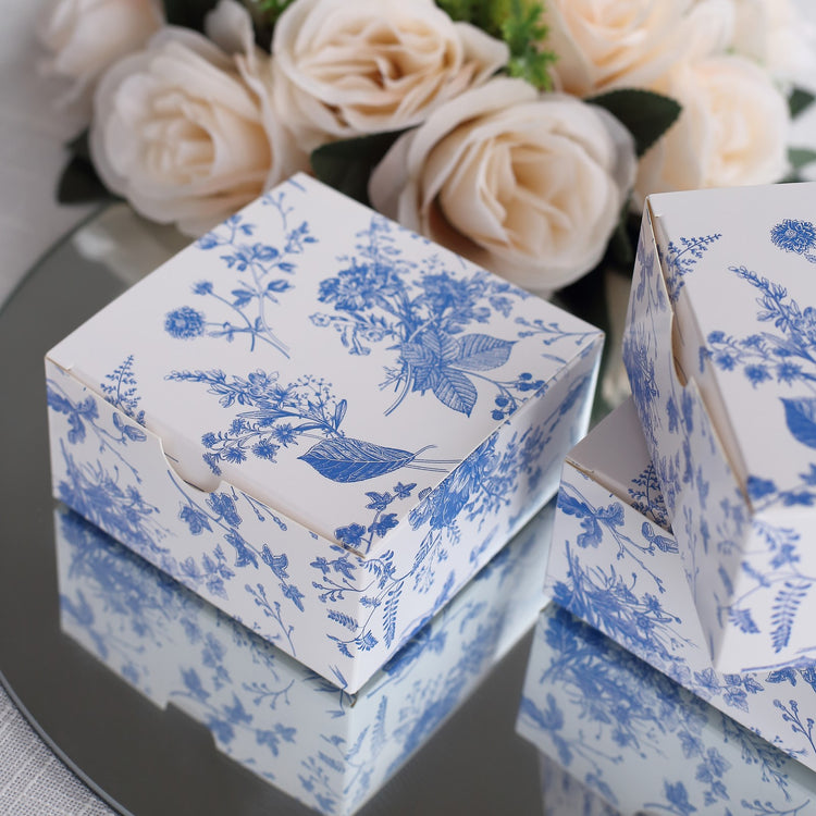 25 Pack White Blue Chinoiserie Floral Print Paper Gift Boxes, Cardstock Party Shower Candy Favor Boxes - 4"x4"x2"