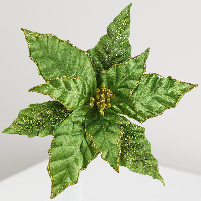 Set of Two Emerald Green Velvet Poinsettia Stem