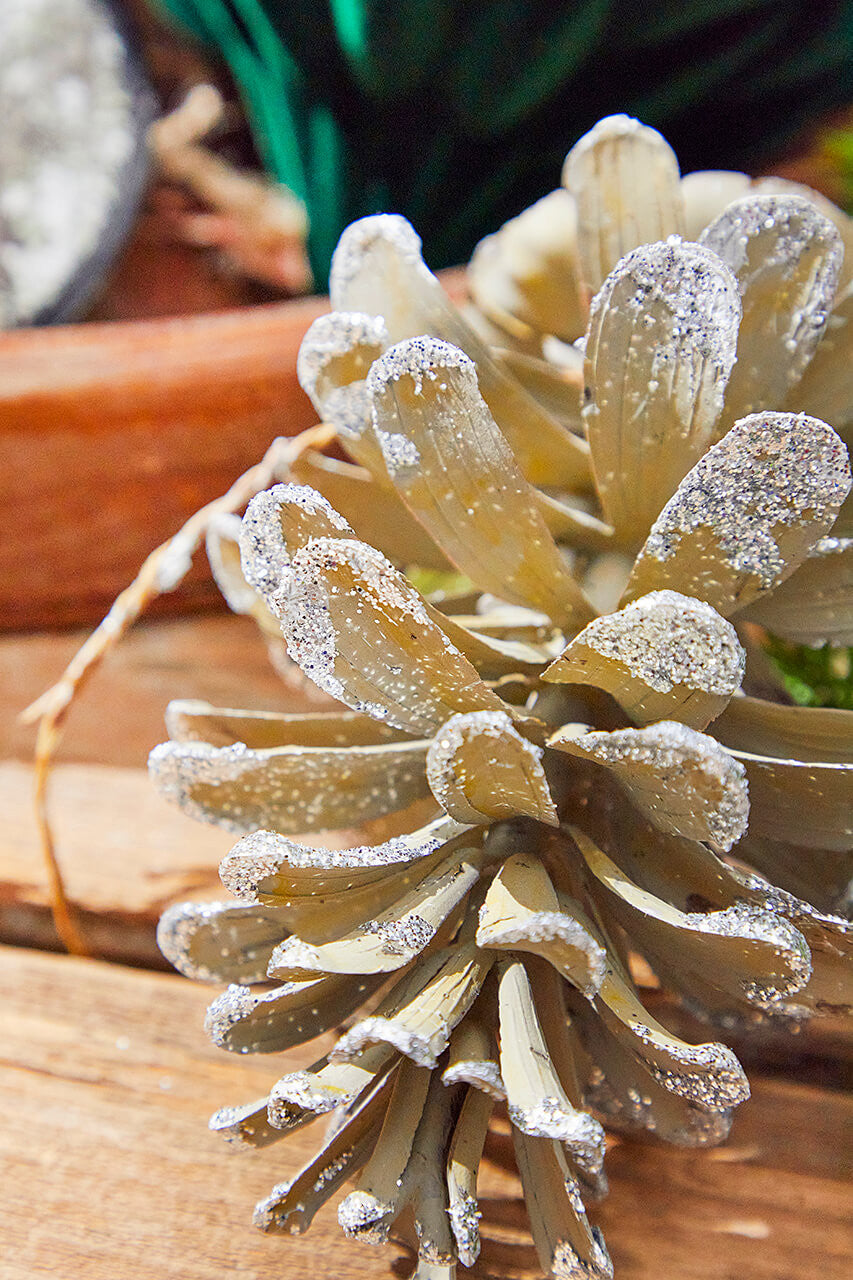 Set of Three 5” Plastic Glitter Long Leaf Pinecone