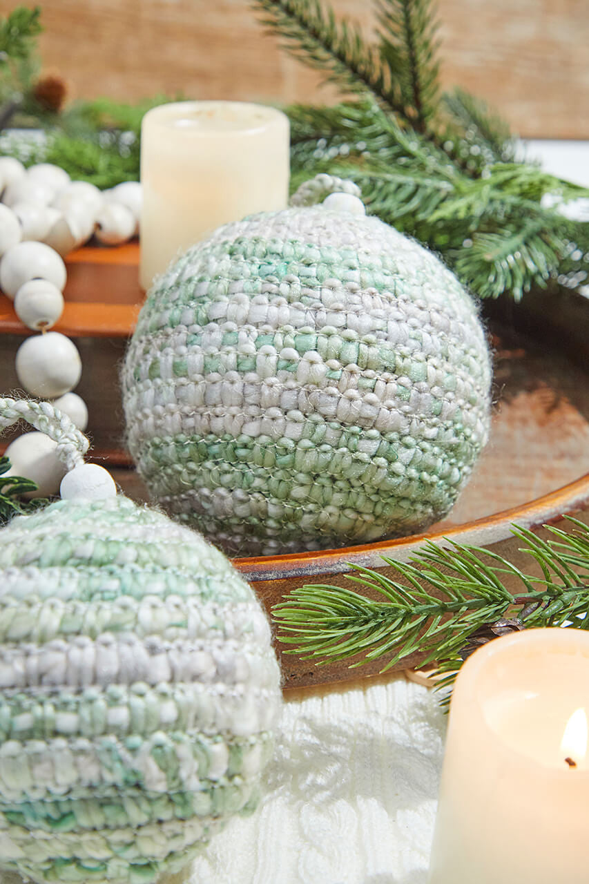 Set of 2 Green/White Knit Ball Ornaments