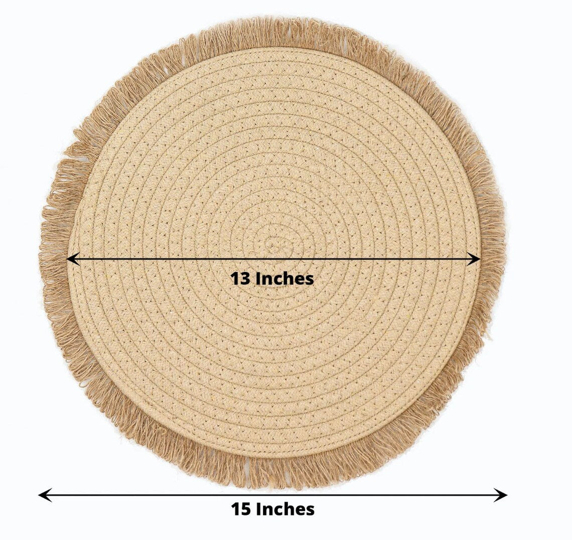 FOUR Farmhouse Placemats, Natural 15" Jute Round Fringe Edges