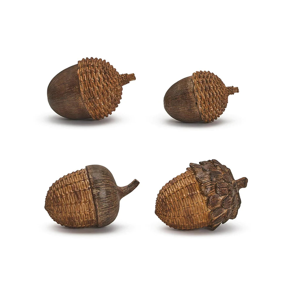 Set of 4 Large Acorn Decor with Basketweave Pattern Accent