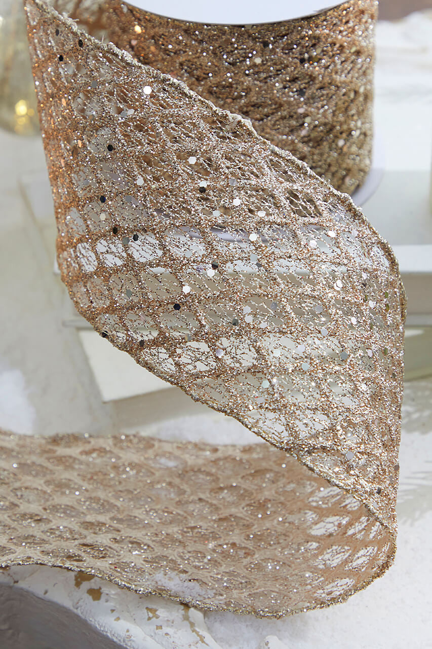 4" x 10 Yard Champagne Mesh Wired Ribbon