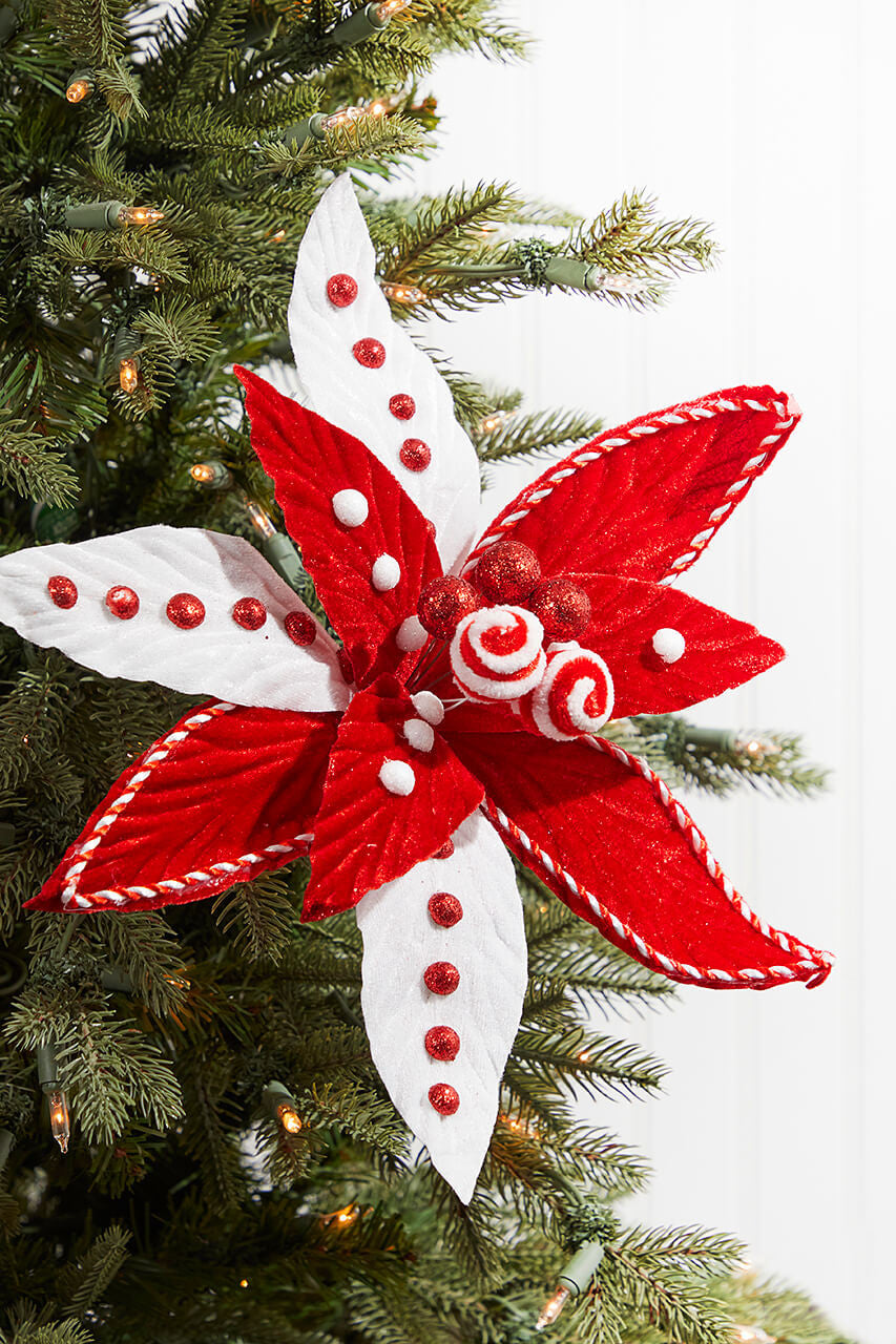 24” Velvet Candy Cane Poinsettia Stem