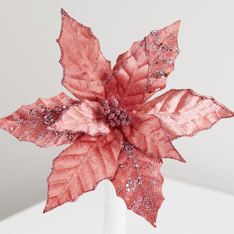 Set of Two Pink Velvet Poinsettia Stem