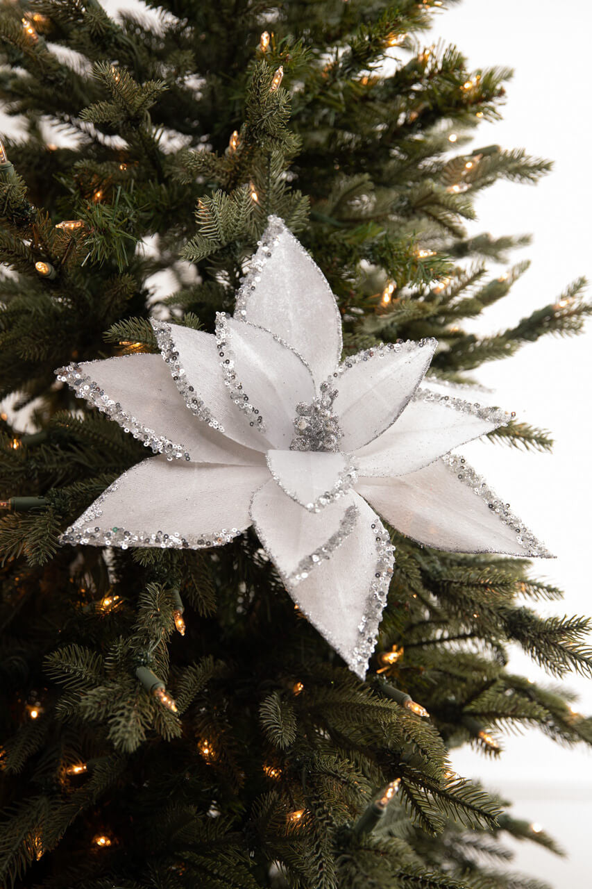 22” White Velvet Glitter Poinsettia Stem