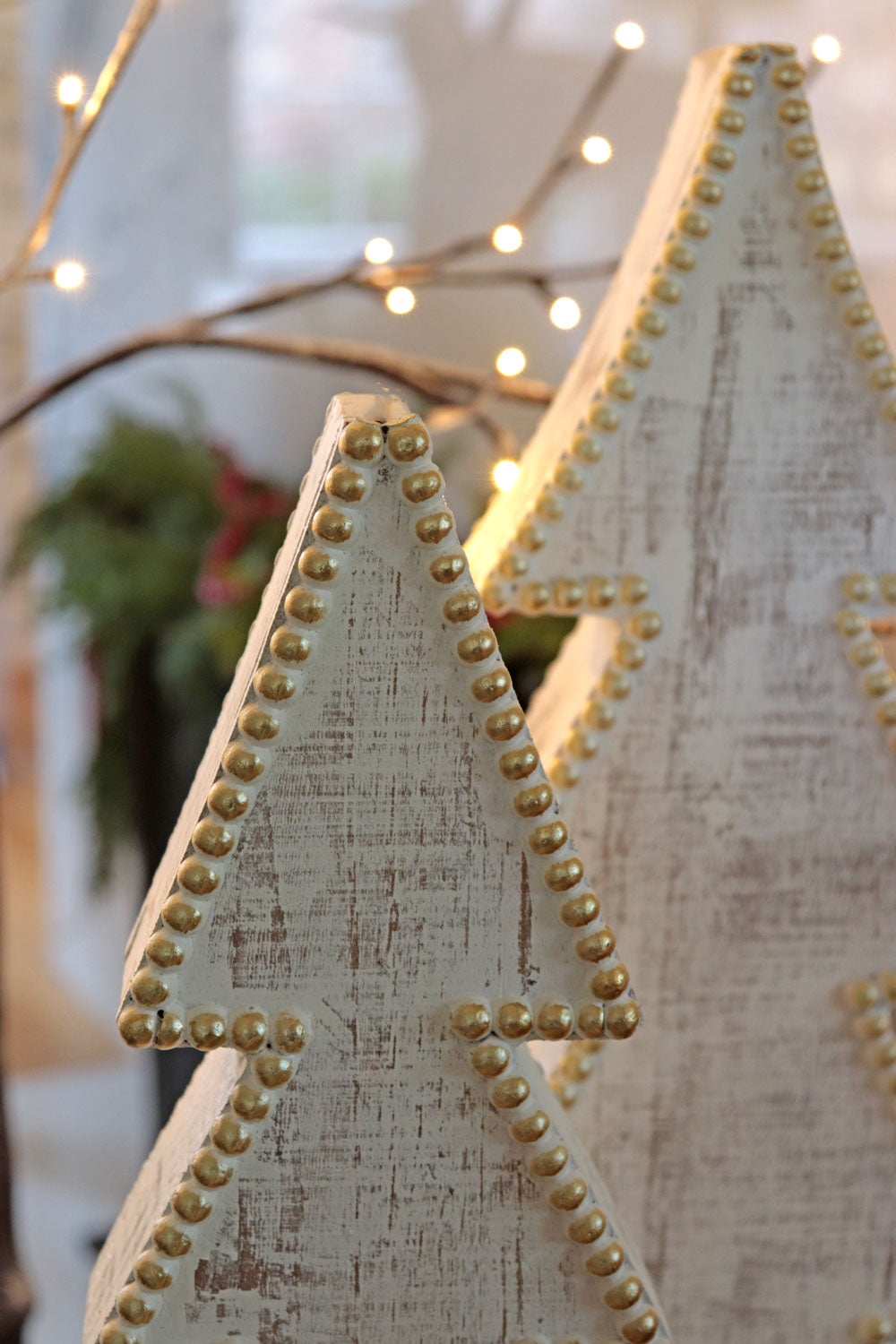 16" Rustic White Washed Wooden Beaded Tree