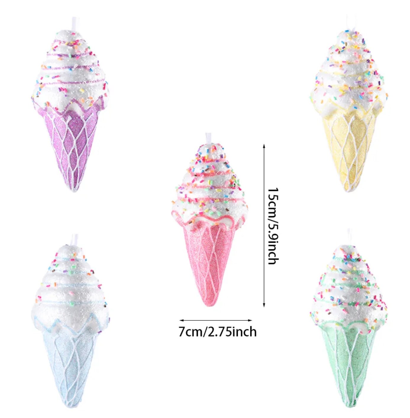 5 Ice Cream Cone Ornaments, Sweet Treats Decor, Hanging Ice Cream Cones, Sweet Tree Decor, Christmas Tree Decor, Ice cream Shop Decor, Saleq