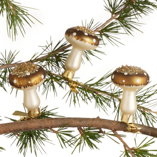 Ivory And Gold Glass Mushroom Clip Ornaments 6 Pack