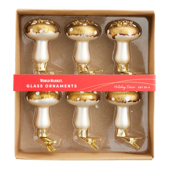 Ivory And Gold Glass Mushroom Clip Ornaments 6 Pack
