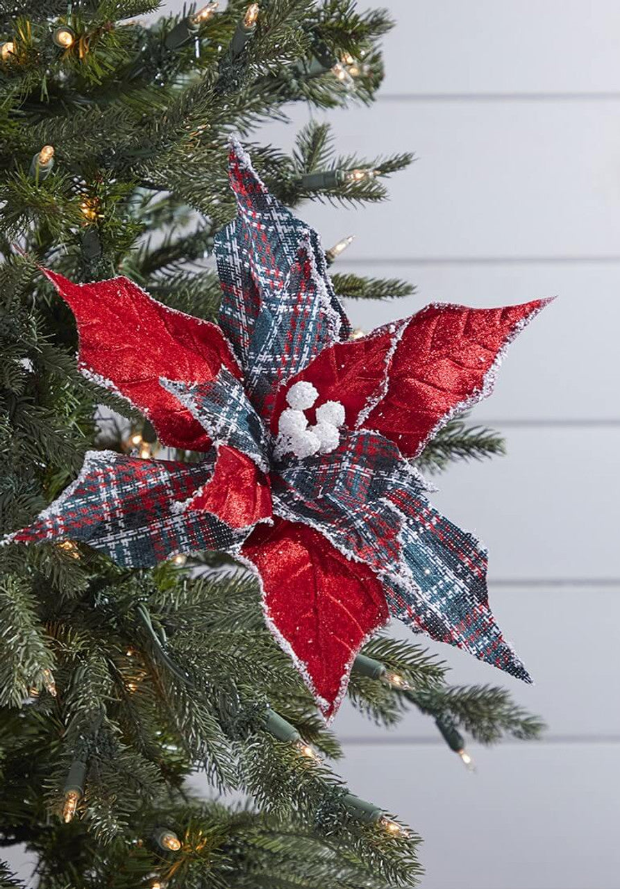 19" Red Plaid Poinsettia Pick
