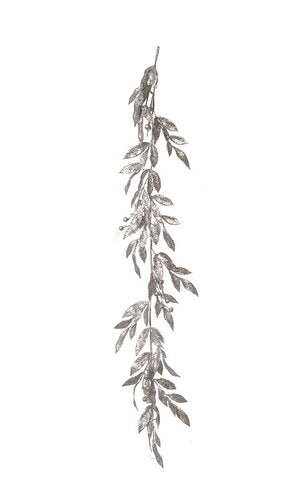 48" GLITTER METALLIC BAY LEAF BERRIES GARLAND SILVER