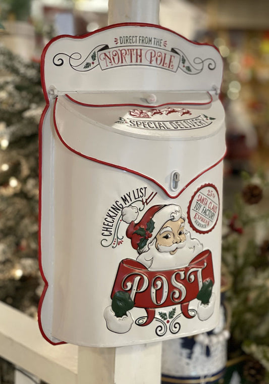 White Metal North Pole Post Mail Box 15.35 Inch Tall - NEW 2023