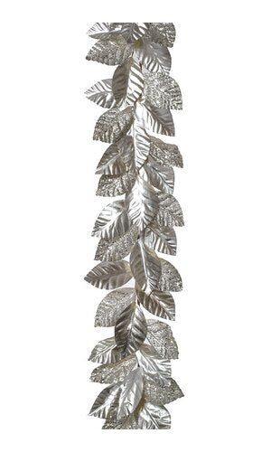 59" GLITTERED METALLIC MAGNOLIA LEAF GARLAND PLATINUM