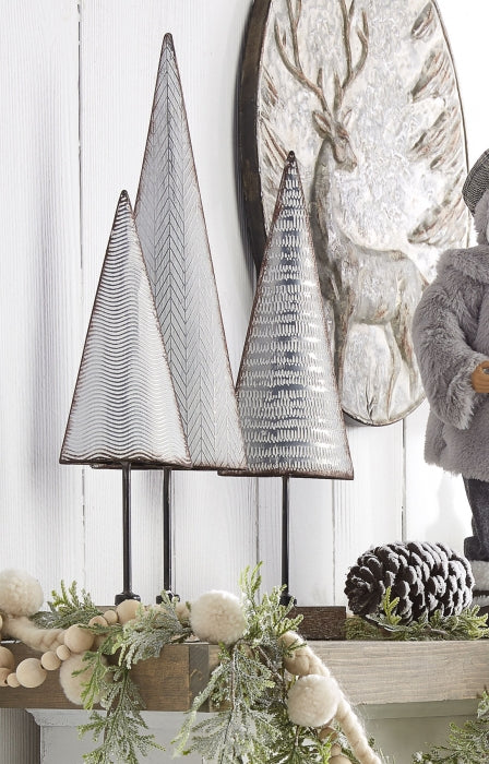 Galvanized Metal Holiday Trees On Wood Base - 15, 18, 21 Inch Set of 3