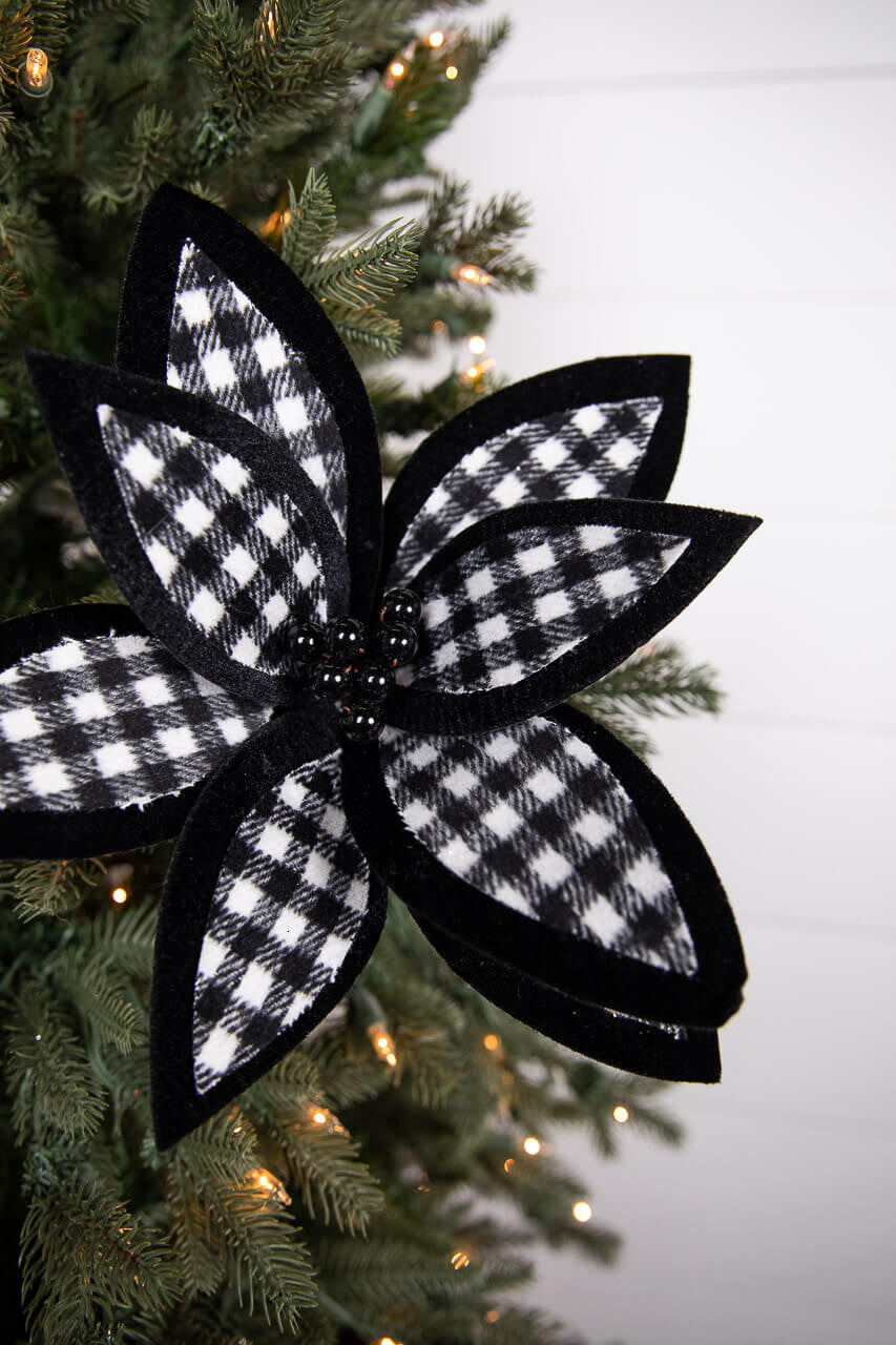 21” Black and White Plaid Poinsettia Stem with Black Berries