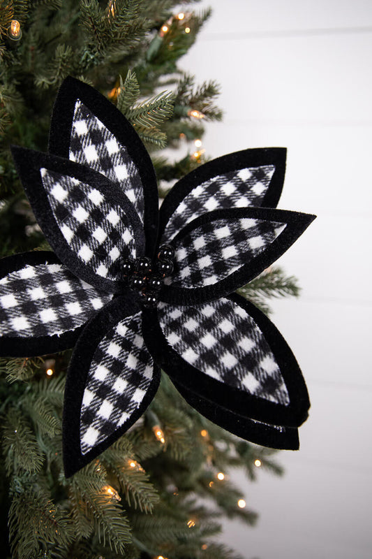 21” Black and White Plaid Poinsettia Stem with Black Berries