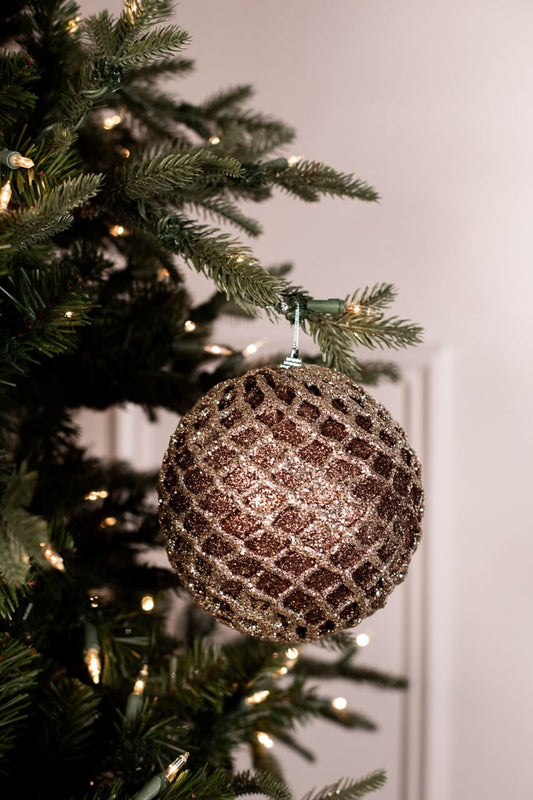 6” Glittered 2 Tone Net Ball Christmas Ornaments - Chocolate/Champagne