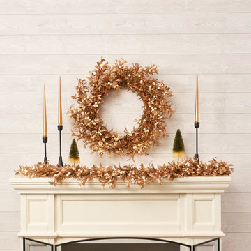 Shiny Metallic Gold Boxwood & Pearl White Mistletoe Berry Christmas Front Door Wreath Glam Mantle Decor