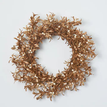 Shiny Metallic Gold Boxwood & Pearl White Mistletoe Berry Christmas Front Door Wreath Glam Mantle Decor