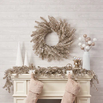 Silver & Gold Metallic Soft Touch Tinsel Wreath Glitzy New Year's Holiday Party Mantle Decor