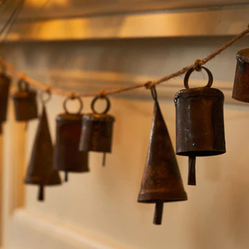 Antiqued Bronze Patina Metal Jingle Bell & Jute Rope Christmas Holiday Garland