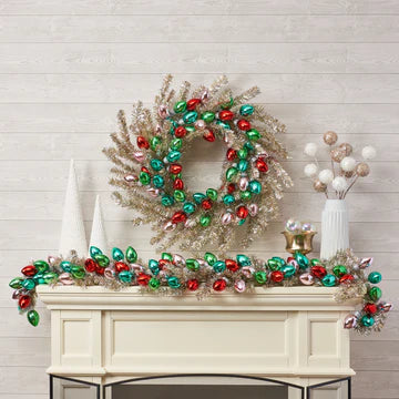 Razzle Dazzle Christmas - Gold & Silver Tinsel Garland with Vintage Bulbs In Pink, Turquoise, Green & Red