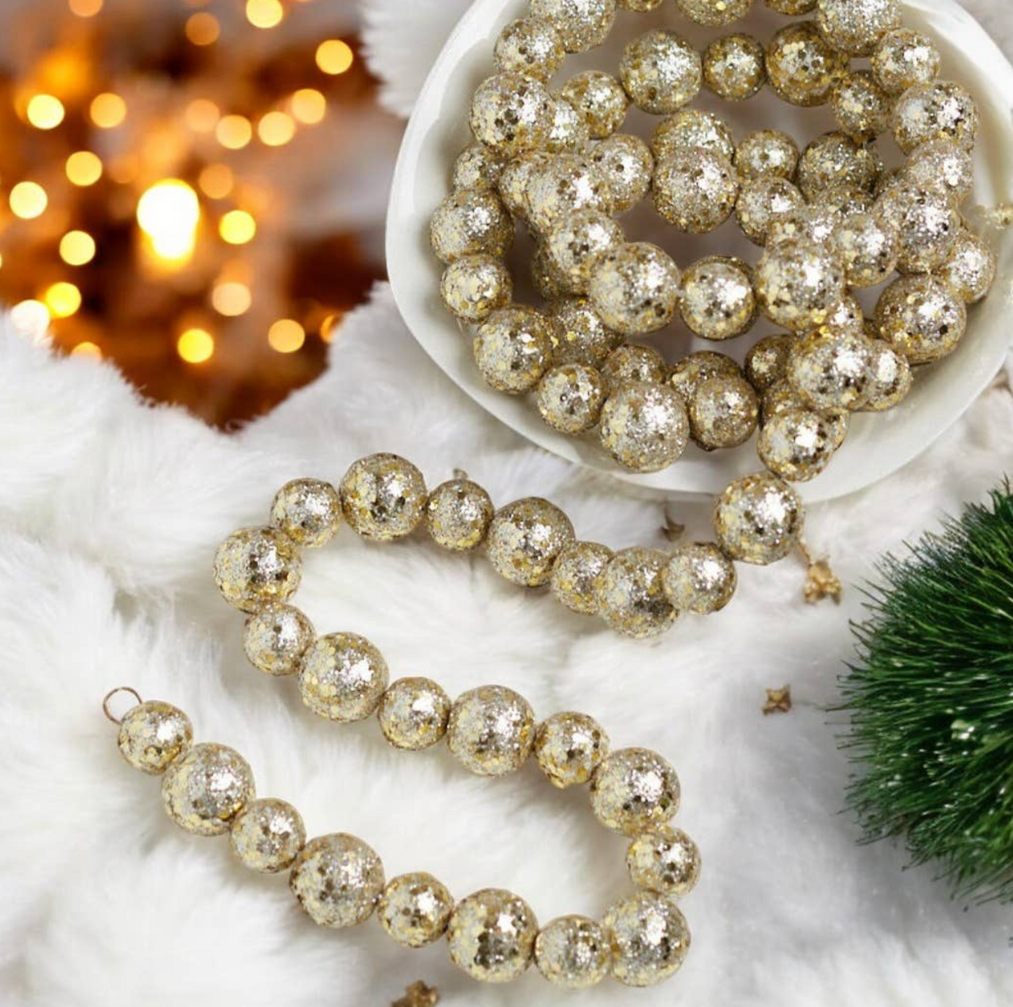 6 FT. Platinum Glitter Gold Bead Garland