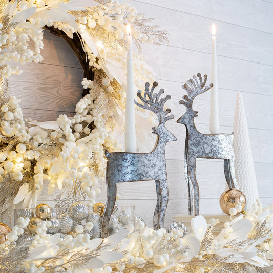 Antiqued Metal Reindeer Christmas Taper Candle Holder Tabletop Holiday Mantle Décor Set of 2