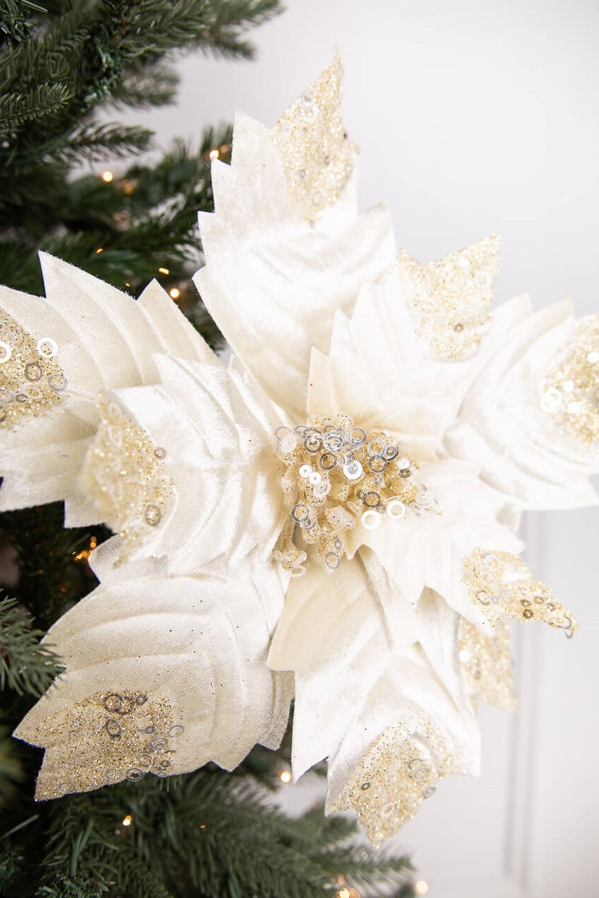 24” Poinsettia Stem - Ivory and Gold