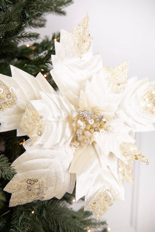24” Poinsettia Stem - Ivory and Gold