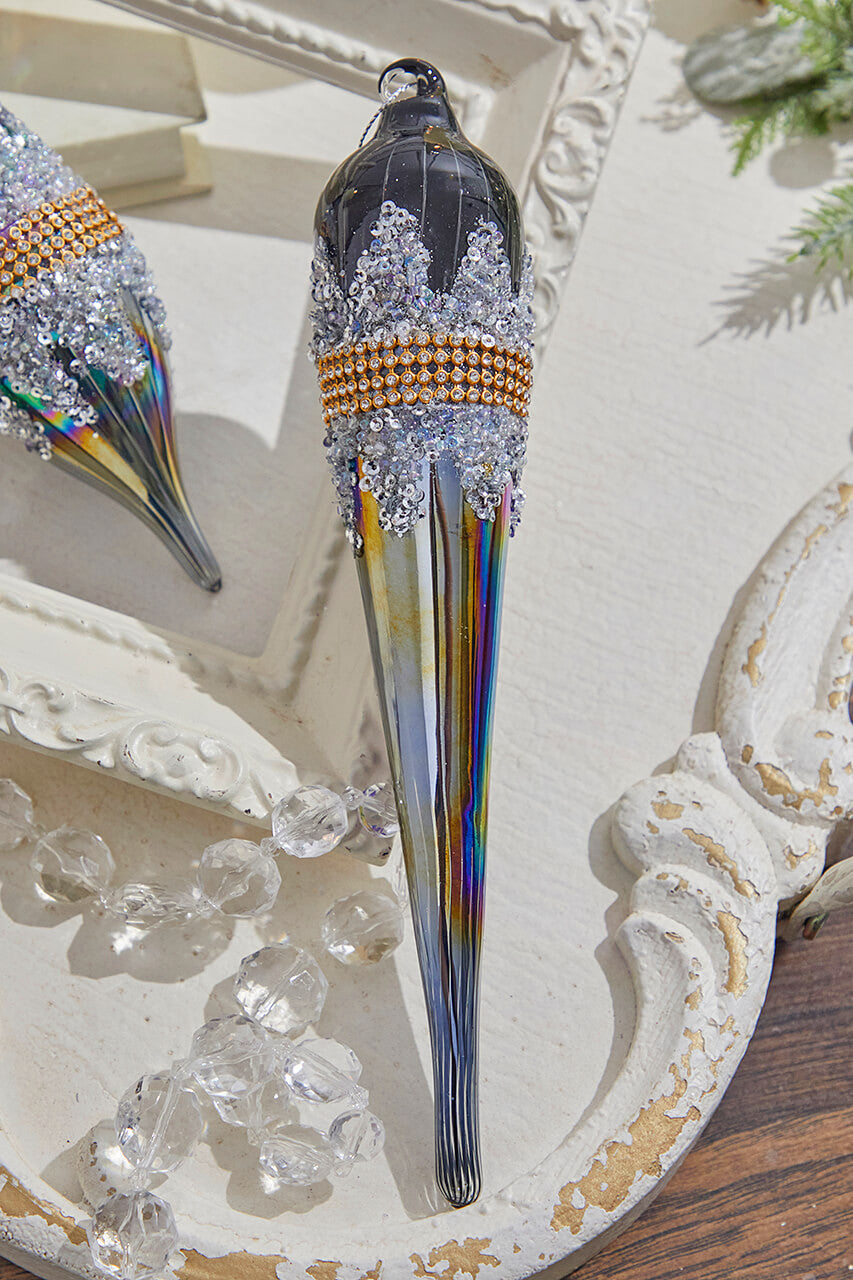 10" Glass Iridescent Jewel Finial Ornament