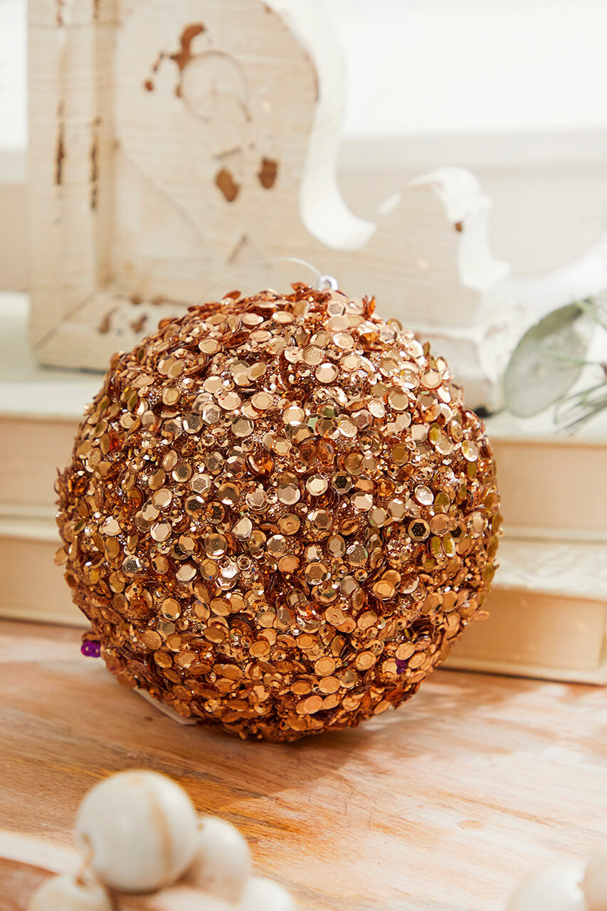 Set of Three 4" Rose Gold Sequins & Jewels Ball Ornament