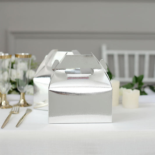 25 Pack Metallic Silver Party Favor Gift Tote Gable Box Bags, Candy Treat Boxes 6"x3.5"x7"
