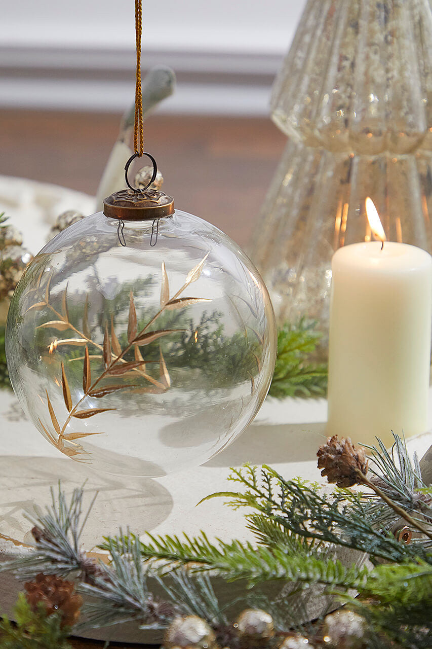 5" Golden Etched Laurel Glass Ornament