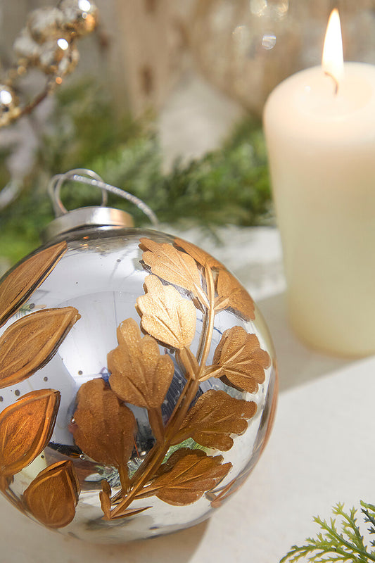 4" Round Antique Mercury Glass and Botanical Gold Etched Ornament