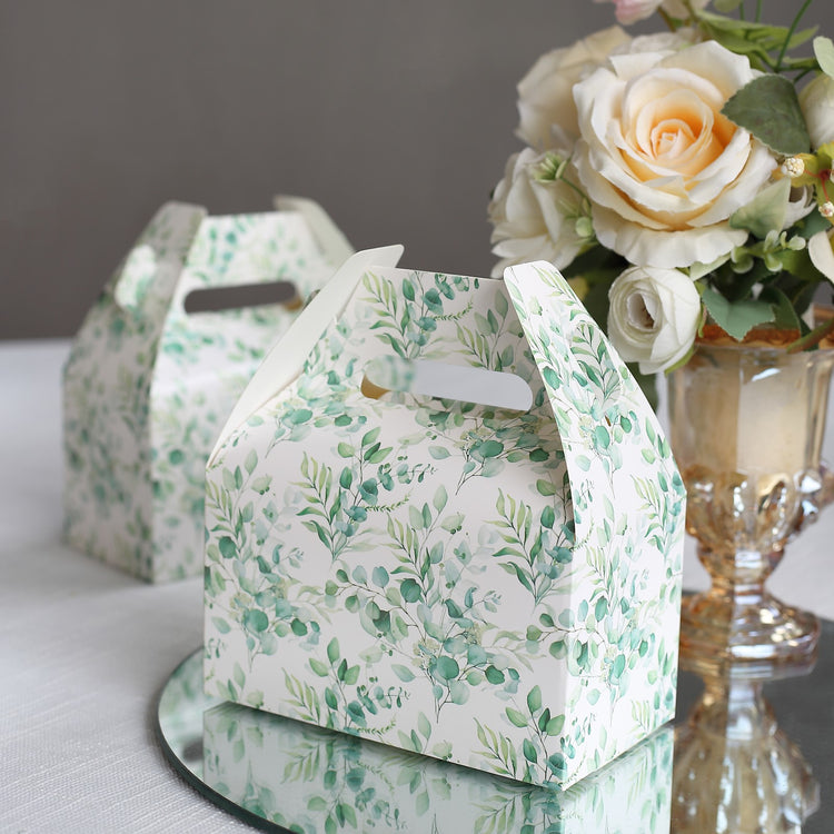 25 Pack White Green Party Favor Gift Tote Gable Boxes with Eucalyptus Leaves Print, Candy Treat Boxes - 6"x3.5"x7"