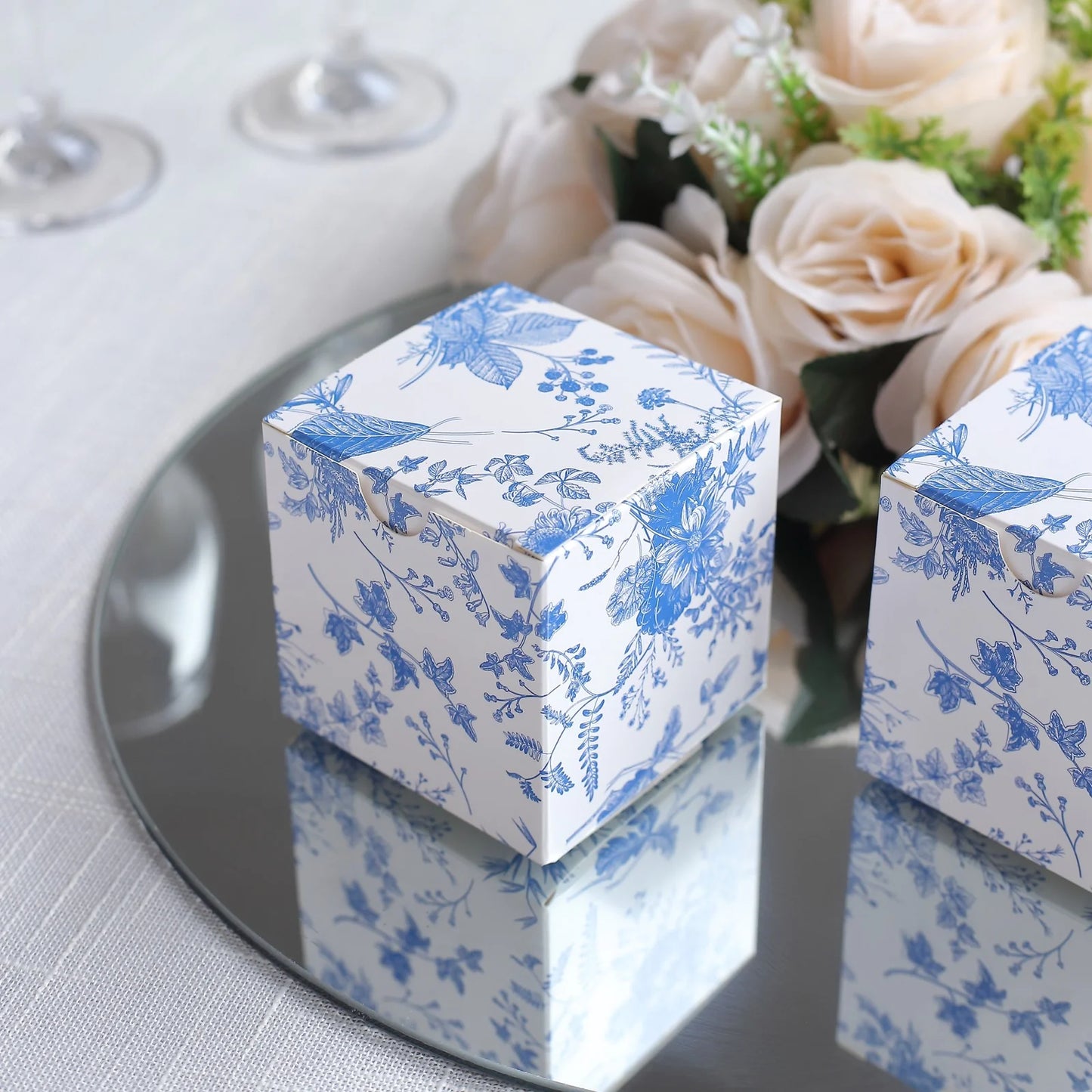 White Blue Chinoiserie Floral Print Paper Gift Boxes, Cardstock Party Shower Candy Favors