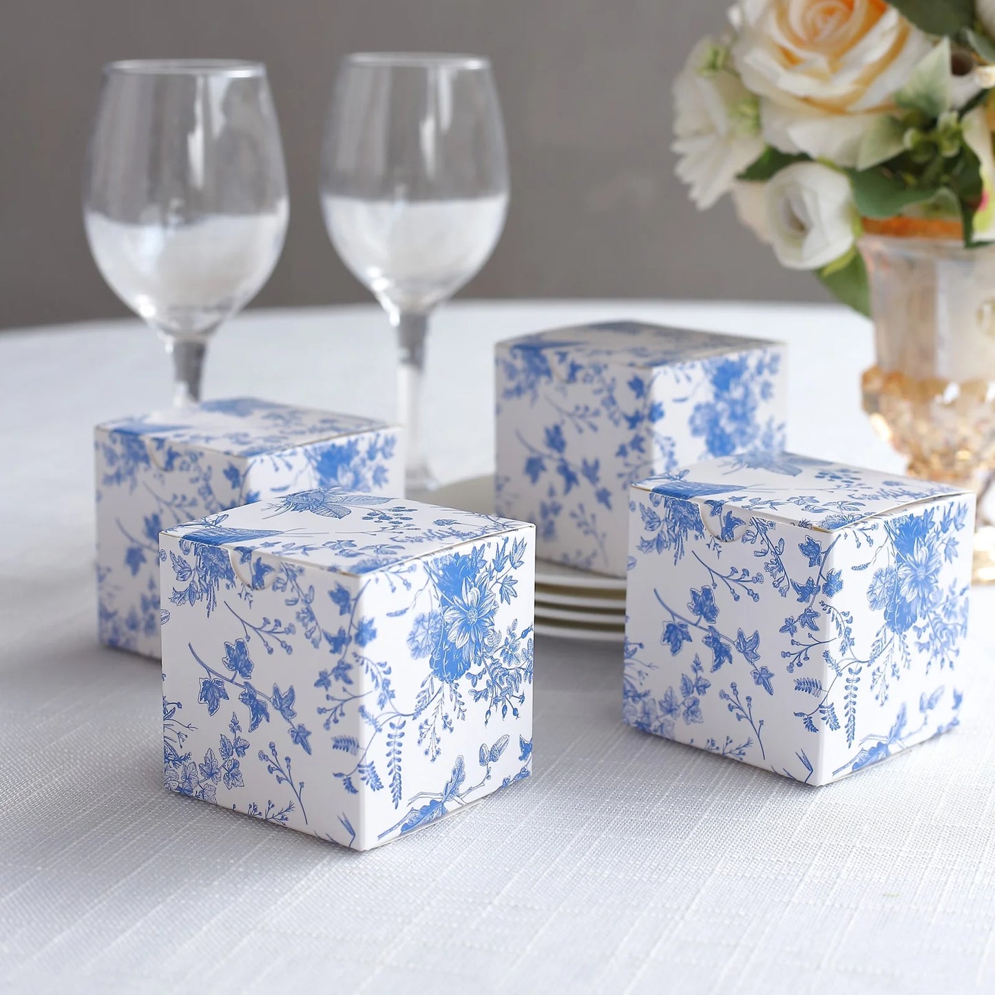 White Blue Chinoiserie Floral Print Paper Gift Boxes, Cardstock Party Shower Candy Favors