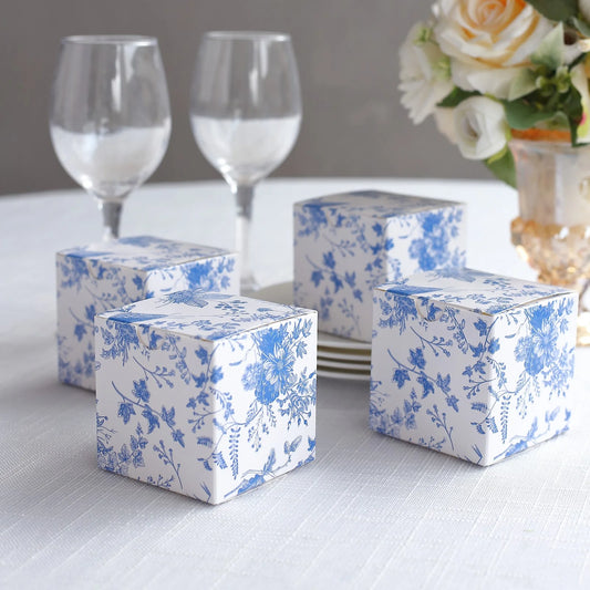 White Blue Chinoiserie Floral Print Paper Gift Boxes, Cardstock Party Shower Candy Favors