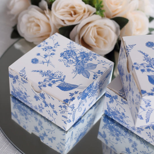 25 Pack White Blue Chinoiserie Floral Print Paper Gift Boxes, Cardstock Party Shower Candy Favor Boxes - 4"x4"x2"