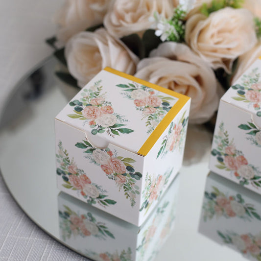 25 Pack White Pink Peony Flowers Print Paper Gift Boxes with Gold Edge, Cardstock Party Shower Candy Favor Boxes - 3"x3"x3"