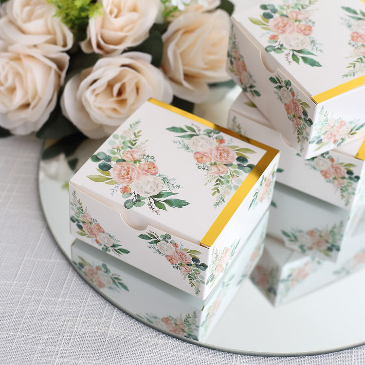 25 Pack White Pink Peony Flowers Print Paper Gift Boxes with Gold Edge, Cardstock Party Shower Candy Favor Boxes - 4"x4"x2"